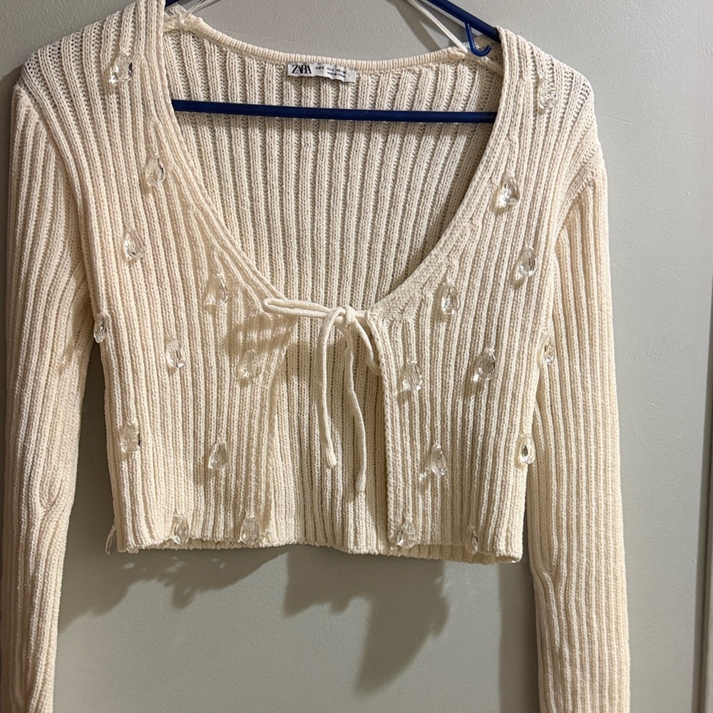 Zara Cream Textured Tie-Front Crop Top
